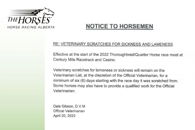 Notice to Horsemen - Re: Veterinary Scratches for Sickness and Lameness